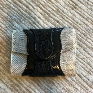 Khirma Eliazov Gray Snakeskin & Black Stingray Clutch / Removable Gunmetal Chain